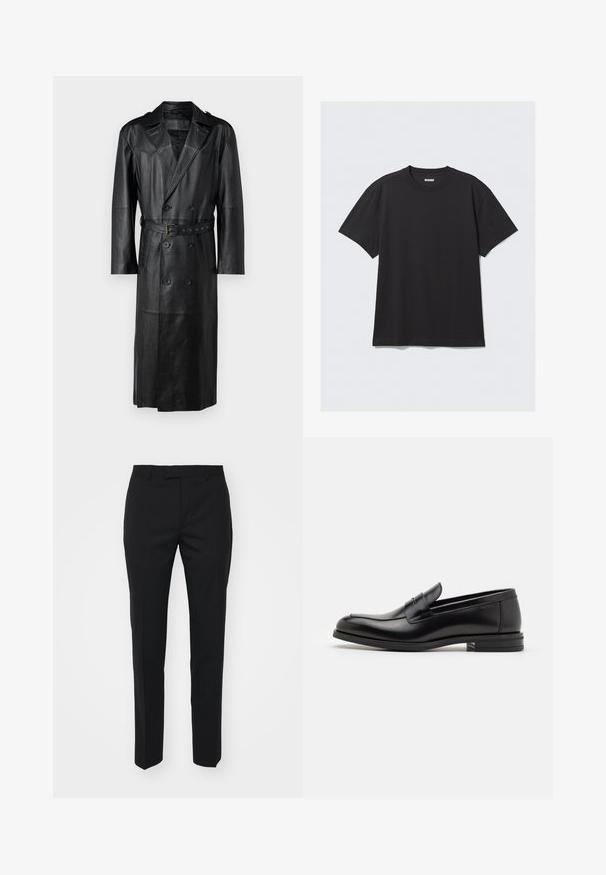 Melna ādas tranču mēteles ar dubulto pogu dizainu, jostu pievidū un plecu epauletēm. Gluda tekstūra un ceļgala garums.; Melnas īsām piedurknēm t-krekls, kas izgatavots no kokvilnas. Tam ir apaļa kakla izgriezne un brīva piegriezuma siluets. Vienkāršs dizains bez rakstiem vai akcentiem.; Melnas bikses ar taisnu kāju dizainu, izgatavotas no gludas auduma. Iespējas ietver priekšējos griezumus, kabatas un plakanu jostasvietu.; Melnas ādas kurpes ar gludu tekstūru, noapaļu purngalu un dekoratīvu siksniņu pāri priekšpusei. Zems sakrauts papēdis, minimālisma dizains.