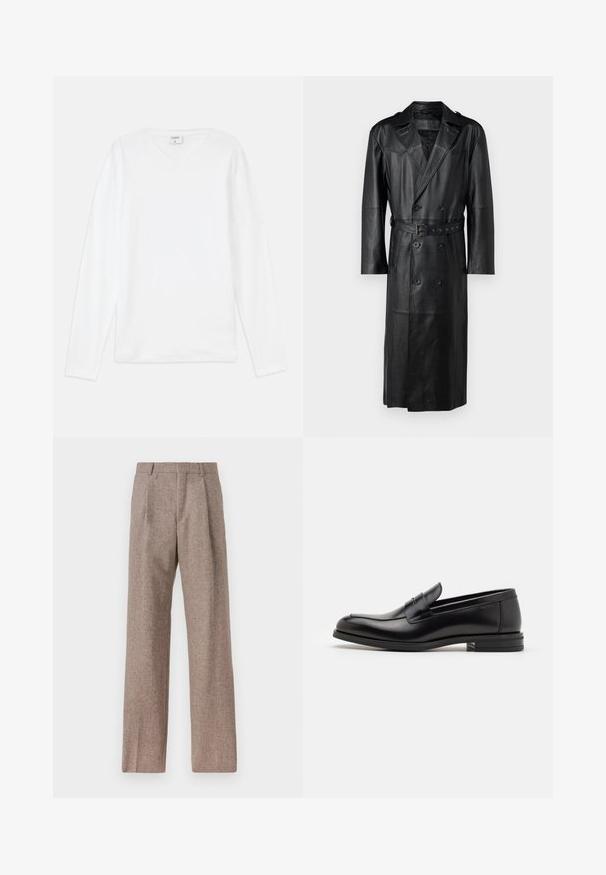 Crni kožni kaput do koljena s dvostrukim kopčanjem, remenom u struku i epauletima na ramenima. Glatka tekstura.; Bjela dugih rukava majica s V-izrezom, izrađena od mekanog materijala, s opuštenim krojem i bočnim prorezima za lakše kretanje.; Smeđe, hlače viskog struka od teksturiranog materijala. Imaju široke nogavice i dva prednja pregiba za strukturu. Uređen završetak bez vidljivih metalnih dijelova.; Crni kožni mokasini s glatkom teksturom, zaobljenim prstima i ukrasnom trakom preko prednjeg dijela. Niski slojeviti potplat, minimalistički dizajn.