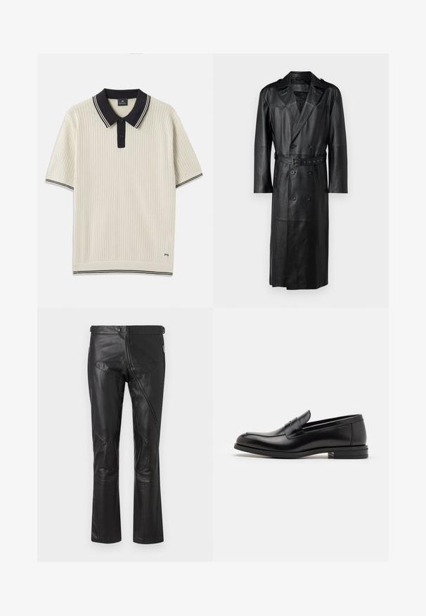 Must musta trench coat kahekordse nööbistamisega, vööga taljes ja õlavarre epauletti. Sile tekstuur ja põlvekõrgune.; Lühikeste varrukatega polo särk kreemjas toonis, millel on tekstuuriline muster, must krae ja püstkaelus, ning kontrastsete triipude detailid. Logoga helkur.; Mustad nahast püksid sirge lõikega, varustatud lukuga taskute, põlveteipide ja reguleeritava talje detailidega. Sile tekstuur.; Mustad mustad nahast loafers sileda tekstuuriga, ümarat ninaosa ja dekoratiivne riba vampi üle. Madal kihiline konts, minimalistlik disain.