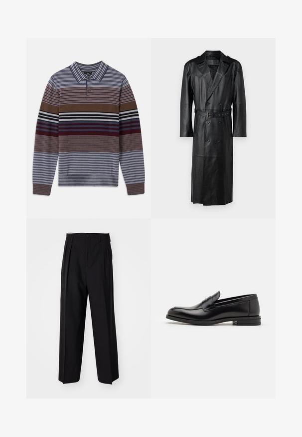 Musta nahkatrenssi, jossa on kaksirivinen malli, vyöllinen vyötärö ja olkavaljaat. Sileä rakenne ja polveen ulottuva pituus.; Pitkähihaista pulloveria, jossa on vuorotellen sinisiä, ruskeita ja viininpunaisia raitoja. Siinä on kaulus ja yksi nappisulku. Teksturoitu neulekangas.; Mustat laskostetut housut, joissa on suora, leveä lahje. Valmistettu sileästä kankaasta, jossa on nappisuljenta ja vyölenkit.; Mustat nahkakengät, joissa on sileä pinta, pyöreä kärki ja koristeellinen nauha jalkapöydän yli. Matala pinoitu koroke, minimalistinen muotoilu.