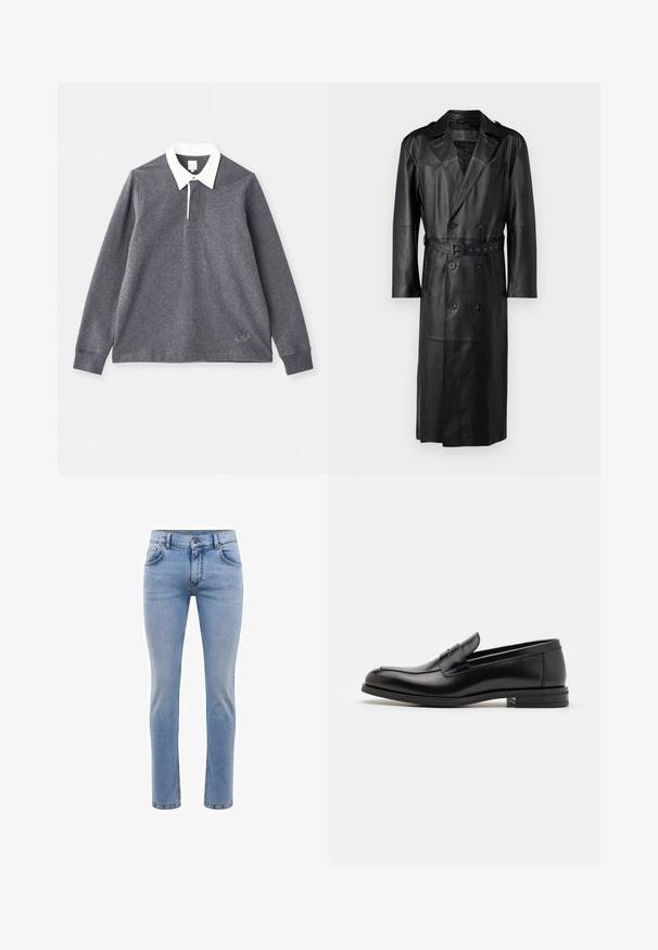 Schwarzer Leder-Trenchcoat mit einem doppelt knöpfbaren Design, tailliertem Gürtel und Schulterklappen. Glatte Textur und knielang.; Graues Langarm-Polohemd aus Baumwollmischung mit weißem Kragen. Verfügt über eine Knopfleiste und ein gesticktes Logo am Saum.; Hellblaue, slim-fit Jeans aus Denim mit fünf Taschen und geradem Bein. Mit Reißverschluss und Gürtelschlaufen ausgestattet. Weicher Stoff.; Schwarze Lederloafers mit glatter Textur, rundem Zehenbereich und einem dekorativen Riemen über dem Vorderfuß. Niedriger, gestapelter Absatz, minimalistisches Design.