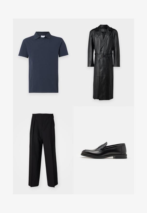 Melna ādas tranču mēteles ar dubulto pogu dizainu, jostu pievidū un plecu epauletēm. Gluda tekstūra un ceļgala garums.; Navy zils polo krekls, kas izgatavots no kokvilnas, ar klasisku apkakli, īsām piedurknēm un taisnu apakšmalu, ar minimālistisku dizainu.; Melnas plisētās bikses ar taisnu, plata kāja dizainu. Izgatavotas no gludas auduma, ar pogu aizdari un jostas cilpiņām.; Melnas ādas kurpes ar gludu tekstūru, noapaļu purngalu un dekoratīvu siksniņu pāri priekšpusei. Zems sakrauts papēdis, minimālisma dizains.