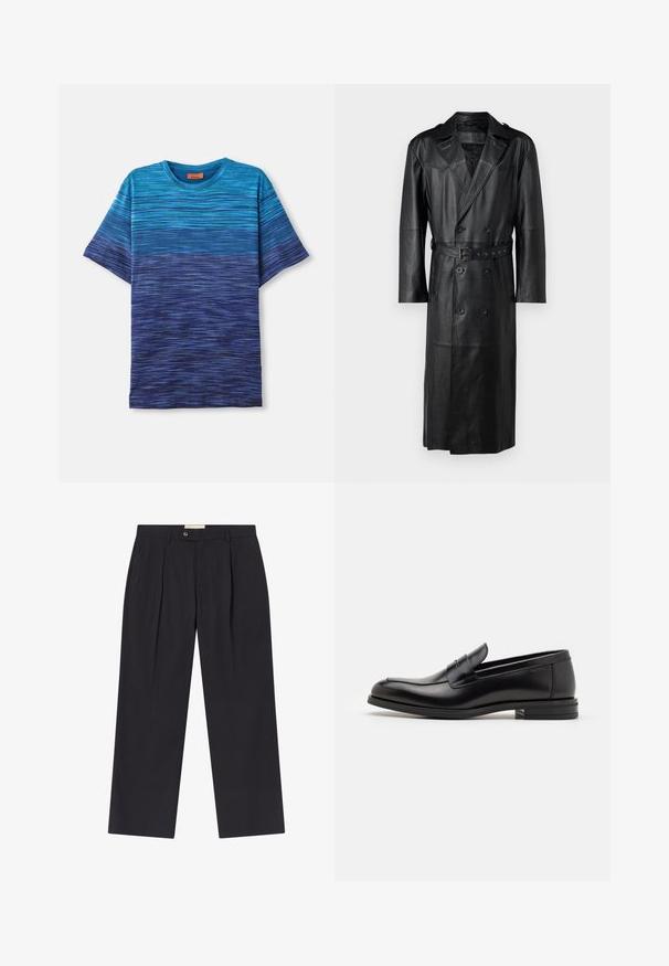 Juodas odinis ilgas paltas su dvigubu įdėklu, diržo juosmens ir petiniais. Lygus paviršius ir iki kelių.; Mėlynas gradientinis marškinėliai, su horizontaliomis juostelėmis, trumpomis rankovėmis, apvaliu iškirpimu ir švelnia tekstūra, pereinančia nuo šviesiai mėlynos iki tamsiai mėlynos.; Tinkamai pritaikyti tamsiai mėlyni kelnes su aukštu liemeniu, dviem priekinėmis klostėmis, mygtukų uždarymu ir tiesiomis kojomis iš lygios medžiagos.; Juodos odinės loafers, turinčios lygų paviršių, apvalią noselę ir dekoratyvinę juostą per priekinę dalį. Žemas krentantis kulnas, minimalistinis dizainas.
