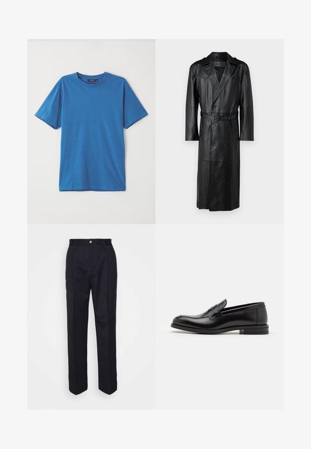 Fekete bőr trench kabát, dupla gombolású kialakítással, övvel ellátott derékkal és vállpántokkal. Simább textúrájú, térd hosszúságú.; Kék pamut póló rövid ujjakkal, kerek nyakkivágással és sima textúrával. Nincsenek minták vagy díszítések. Egyszerű, klasszikus dizájn.; Fekete, egyenes szárú, szabott nadrág sima anyagból, elöl gombos záródással és két oldalsó zsebbel.; Fekete bőr loaferek sima textúrával, kerek orral és dekoratív pánttal a vampnál. Alacsony, rétegelt sarkú, minimalista dizájn.
