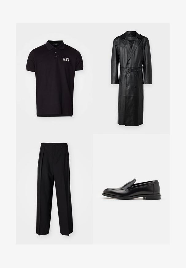 Black leather trench coat with a double-breasted design, belted waist, and shoulder epaulettes. Smooth texture and knee-length.; Black polo shirt in cotton blend with a classic collar, three buttons, and "ICON" text in white on the left chest. Smooth texture, short sleeves.; Black pleated trousers with a straight, wide-leg design. Made from smooth fabric, featuring a button closure and belt loops.; Black leather loafers with a smooth texture, rounded toe, and a decorative strap across the vamp. Low stacked heel, minimalist design.