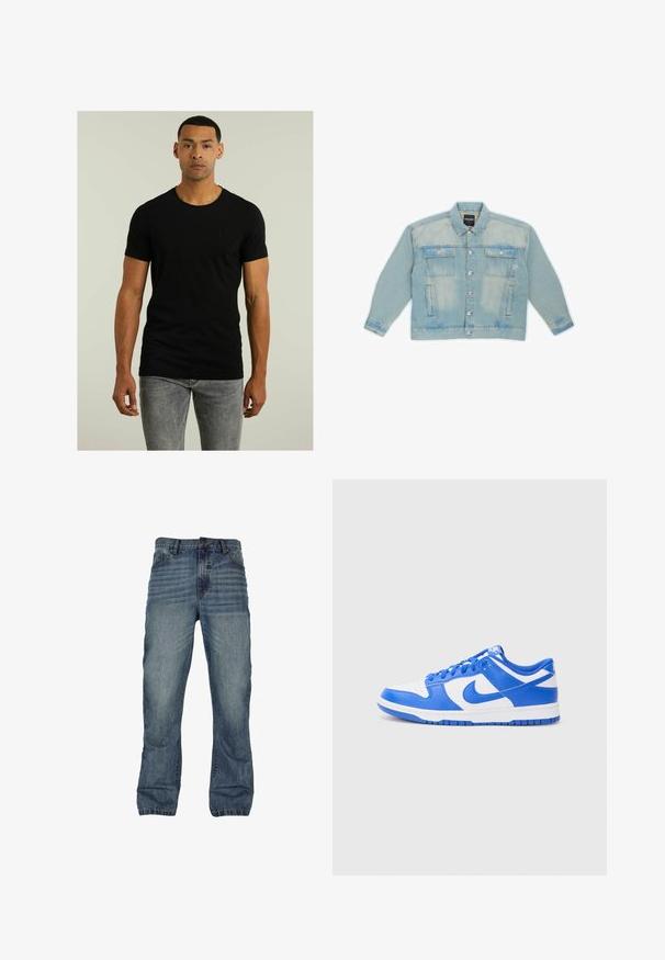 Gai zila džinsa jaka ar pogām priekšpusē, divām krūšu kabatām, sānu kabatām un nedaudz izbalējušu apdari. Iespējots apkakle un garas piedurknes.; Melna īsām piedurknēm T-krekls ar apaļu kaklu un diskretu tekstūras logotipu uz krūtīm; apvienots ar gaiši pelēkiem džinsiem. Vienkāršs dizains.; Vidēji zili džinsi ar izbalējušu apdari, taisna kāju dizains, piecu kabatu detaļas un kontrastējoša diega šuvumi.; Nike Dunk apavi ar blue un baltu ādas virsotni, ar perforētu purngalu, šņorēšanas sistēmu un teksturētu gumijas zoli.