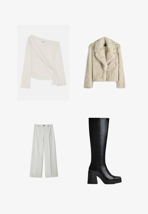 Jachetă scurtă din blană artificială, de culoare bej deschis, cu un guler lar, croială lejeră și suprafață moale, texturată. Fără detalii vizibile de metal.; Bluză cu mâneci lungi, cu umeri descoperiți, dintr-o țesătură moale de culoare crem. Prezintă un detaliu frontal răsucit și pliere laterală pentru un siluetă ajustată.; Pantaloni largi de culoare gri deschis, confecționați dintr-un material texturat, având închidere cu nasture și două plii în față pentru un detaliu suplimentar.; Cizmă neagră, până la genunchi, fabricată dintr-un material sintetic texturat, având vârful pătrat, toc gros și înalt, precum și o suprafață netedă și lucioasă.