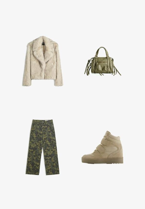 Krátká bunda z umělé kožešiny ve světle béžové barvě, s širokým límcem, volným střihem a měkkým, strukturovaným povrchem. Bez viditelných detailů kovových prvků.; Bílý dlouhý rukáv top s lodičkovým výstřihem. Vyroben z měkkého materiálu, má zvonové rukávy a rovný lem, nabízí jednoduchý a univerzální design.; Kamuflážové kalhoty s širokými nohavicemi v tmavě zelené a olivové barvě, s vzorem listí. Vyrobené z bavlny s klasickým designem pěti kapes a zapínáním na knoflík.; Béžové vysoké tenisky s designem z jemné kůže a síťoviny, nastavitelné suché zipy a silná gumová podrážka se vzorem v zig-zag.; Olive zelená kožená kabelka s pletenými rukojeťmi, zipovým předním kapsou a dekorativními třásněmi. Texturovaný povrch, kompaktní obdélníkový tvar.