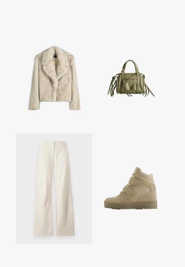 Kort fuskpälsjacka i ljus beige, med en bred krage, avslappnad passform och mjukt, texturerat yta. Inga synliga hårdvarudetaljer.; Krämfärgad långärmad topp med bred halsringning och utsvängda ärmar. Mjuk, lätt tyg. Enkel, minimalistisk design utan dekorationer.; Breda hantverk i en krämfärgad bomullstyg. Har hög midja, strukturerad design och minimala sömdetaljer. Slät front med fickor.; Beiga högstövlar i sneakersstil med en design i mocka och mesh, justerbara kardborreband och en tjock gummisula med ett zigzag-mönster.; Olivgrön läderhandväska med flätade handtag, ficka med dragkedja framtill och dekorativa fransar. Texturerad yta, kompakt rektangulär form.