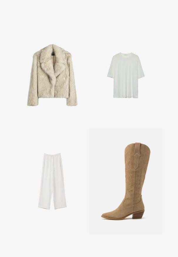 Krótka kurtka z sztucznego futra w jasnym beżu, z szerokim kołnierzem, luźnym krojem i miękką, teksturowaną powierzchnią. Brak widocznych detali metalowych.; Biała koszulka z krótkim rękawem, okrągły dekolt, miękka tkanina bawełniana, luźny krój, bezszwowy dół, minimalistyczny design bez zdobień.; Białe spodnie o szerokich nogawkach wykonane z lekkiego materiału. Posiadają elastyczny pas z sznurkiem i boczne kieszenie. Gładka tekstura.; Jasnobrązowe zamszowe kowbojki z ostrym noskiem, średniej wysokości cholewką i dekoracyjnym przeszyciem po bokach. Posiadają złożony drewniany obcas.