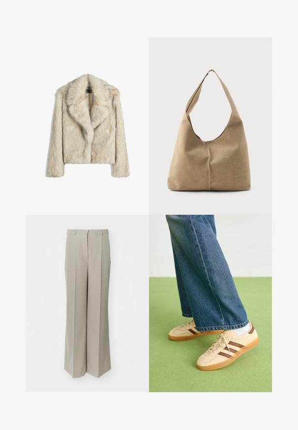 Lyhyempi tekoturkistakki vaaleanbeige värissä, jossa on leveä kaulus, rento istuvuus ja pehmeä, tekstuuri pinta. Ei näkyviä kiinnitysdetaileja.; Valkoinen lyhythihainen t-paita pehmeästä puuvillakankaasta, jossa on pyöreä pääntie ja rento istuvuus suoran helman kanssa, yksinkertainen ilman kuvioita tai grafiikkaa.; Vaaleanbeige leveät housut, jotka on valmistettu sileästä kankaasta, korkealla vyötäröllä, terävillä laskoksilla ja kahdella etutaskulla.; Beige lenkkarit, joissa on tekstuuriset kerma-paneelit ja ruskeat raidat, yhdistettynä sinisiin farkkuihin. Farkut ovat leveät ja niissä on repaleinen helma.; Hobo-laukku pehmeästä beige-suedesta, jossa on löysä muoto, leveä olkahihna ja käsinommeltu sauma edessä.