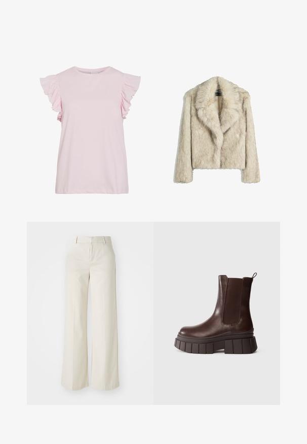 Kratka jakna iz umetnega krzna v svetli bež barvi, z širokim ovratnikom, sproščenim krojem in mehko, teksturirano površino. Brez vidnih kovinskih detaljev.; Svetlo roza kratka majica s kratkimi rokavi in nabranimi detajli na ramenskih delih. Gladek bombažni material, okrogla izrez, sproščen kroj z ravnim robom.; Široke hlače v svetlo bež barvi, izdelane iz gladkega materiala. Imajo klasičen pas in ravno sprednjo stran z čistimi linijami.; Temno rjave usnjene gležnjarje z debelim, masivnim podplatom in elastičnim stranskim panelom, postavljene na enobarvno belo ozadje.