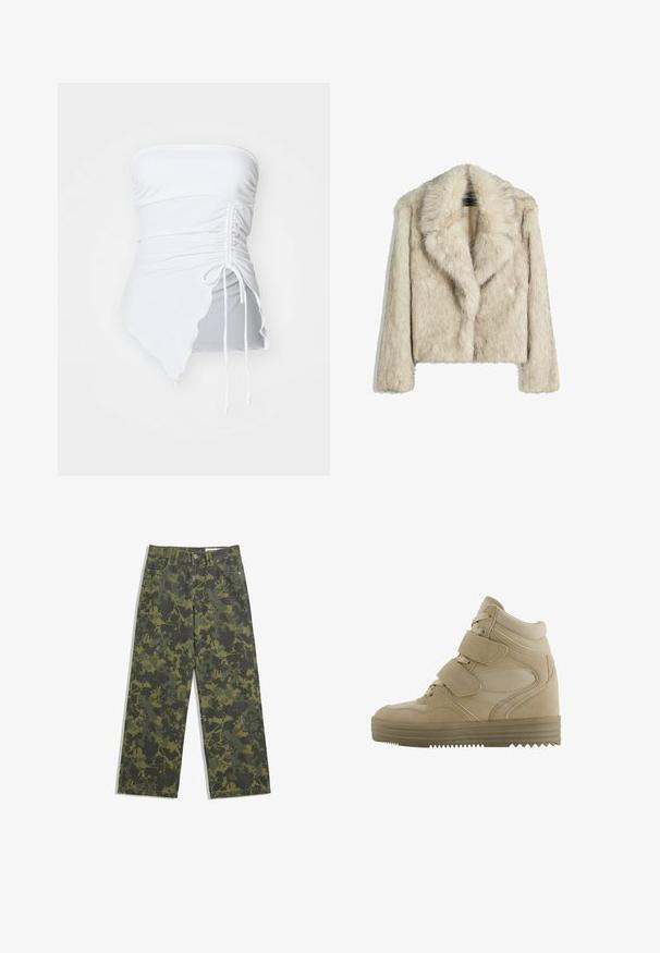 Kratka jakna od umjetnog krzna u svijetloj bež boji, s širokim ovratnikom, opuštenim krojem i mekanom, teksturiranom površinom. Nema vidljivih metalnih detalja.; Bijela bezramena majica s naboranom teksturom, asimetričnim rubom i podesivim detaljem svezanja sa strane. Glatka, elastična tkanina.; Kamuflažne široke hlače u tamnozelenoj i maslinastoj boji, s uzorkom lišća. Izrađene su od pamuka, s klasičnim dizajnom s pet džepova i gumbom za zatvaranje.; Bež visoke tenisice s dizajnom od antilopa i mrežaste tkanine, podesivim čičak trakama i debelim gumenim podplatima s uzorkom u obliku cik-caka.