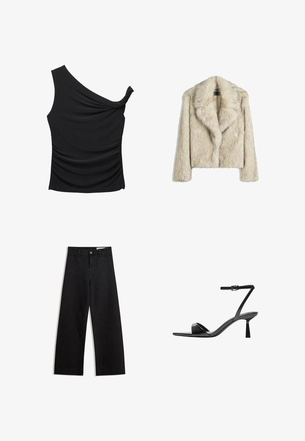 Krátká bunda z umělé kožešiny ve světle béžové barvě, s širokým límcem, volným střihem a měkkým, strukturovaným povrchem. Bez viditelných detailů kovových prvků.; Černý top na jedno rameno vyrobený z měkké, elastické látky s bočními řasením a zkrouceným detailem na výstřihu. Hladká textura a štíhlý střih.; Černé denimové kalhoty s volným střihem a vysokým pasem, vybavené předními a zadními kapsami, prošívanými švy a knoflíkovým zapínáním. Hladká textura.; Bershka Sandály na vysokém podpatku - black