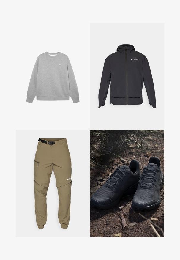 Giacca Terrex nera con zip frontale, cappuccio e logo in alto a sinistra. Presenta un design elegante e una texture liscia.; Felpa grigia realizzata in un morbido misto cotone. Presenta un classico collo rotondo, maniche lunghe, polsini a costine e un piccolo logo sul petto.; Pantaloni da esterno khaki con cintura nera regolabile, tasche con zip, polsini affusolati e gambe inferiori staccabili per uno stile versatile.; Scarpe da ginnastica nere con una tomaia in maglia texturizzata, punta rinforzata e suola ammortizzata, esposte su un terreno terroso con ramoscelli sparsi.