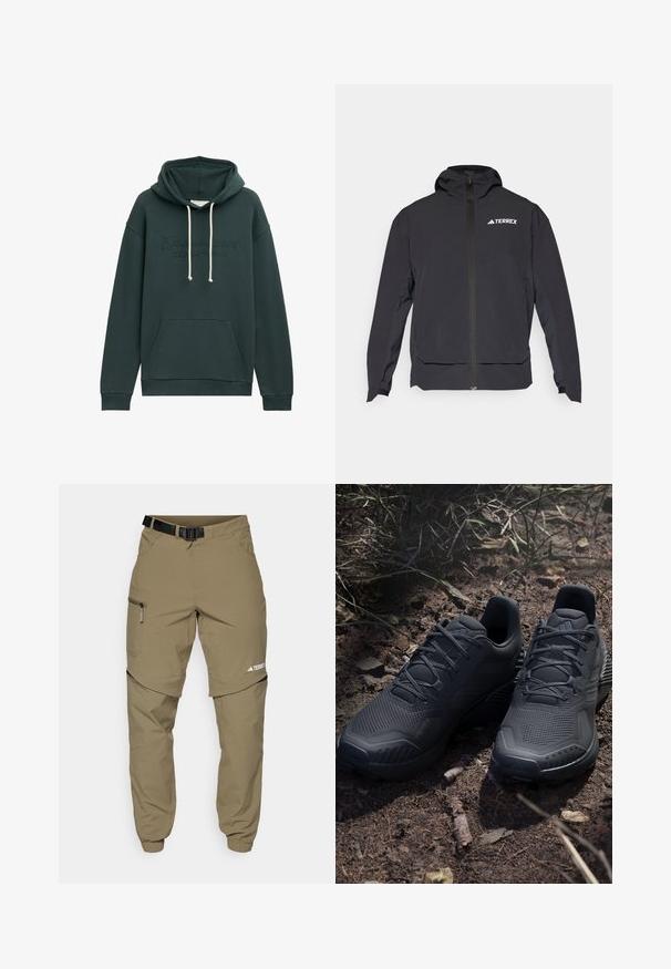Czarna kurtka Terrex z zamkiem z przodu, kapturem i logo na górze z lewej strony. Posiada elegancki design i gładką teksturę.; Ciemnozielona bluza z kapturem z przednią kieszenią typu kangur, białymi sznurkami i tłoczonym detalem tekstowym. Posiada teksturowany materiał.; Khaki spodnie outdoorowe z regulowanym czarnym paskiem, zamykanymi kieszeniami, zwężanymi nogawkami oraz odpinanymi dolnymi nogawkami, co umożliwia różnorodne stylizacje.; Czarne sportowe buty z teksturowanym cholewką z dzianiny, wzmocnionym noskiem i amortyzowaną podeszwą, wystawione na ziemi z naturalnym podłożem, z rozsypanymi gałązkami.