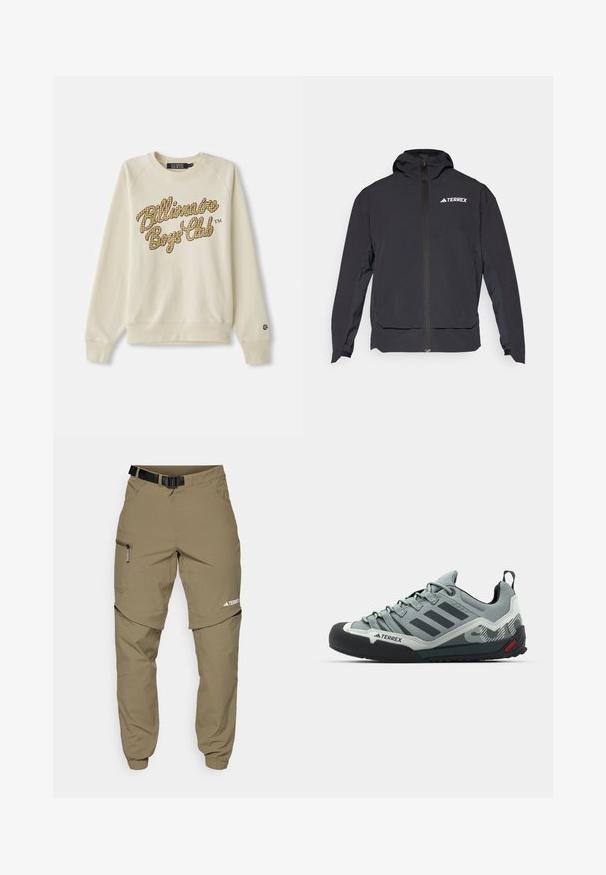 Sort Terrex jakke med lynlås fortil, hætte og logo på øverste venstre side. Har et slankt design og glat tekstur.; Creme crewneck sweatshirt med lange ærmer, prydet med gul og brun ternet "Billionaire Boys Club" tekst på brystet.; Khaki udendørs bukser med en justerbar sort bælte, lynlås-lommer, smalle ankler og aftagelige nederste ben til alsidig styling.; Grå klatresko med en tekstureret overdel, sort gummitåkappe, tre mørke striber og et lille rødt accent på sålen.
