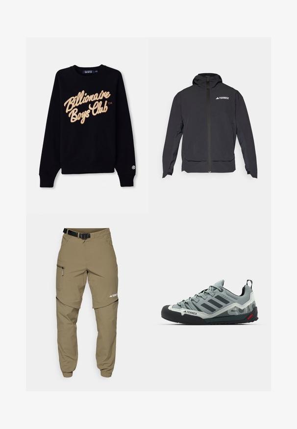 Fekete Terrex dzseki cipzárral elöl, kapucnival és logóval a bal felső részen. Sleek dizájnjával és sima textúrájával emelkedik ki.; Fekete pulóver, amelynek elülső részén egy nagy, rácsos mintázatú, arany és fehér "Billionaire Boys Club" logó található, bordázott mandzsettákkal és alsó szegéllyel.; Khaki színű kültéri nadrág állítható fekete övvel, cipzáras zsebekkel, szűkített szárakkal és levehető alsó lábrésszel a sokoldalú stílus érdekében.; Szürke mászócipők, érdes felsőrésszel, fekete gumi orral, három sötét csíkkal és egy kis piros akcentussal a talpon.