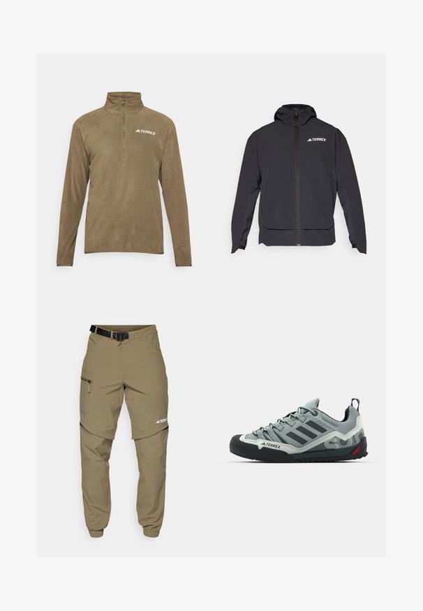 Schwarze Terrex-Jacke mit einem Reißverschluss vorne, Kapuze und Logo auf der oberen linken Seite. Verfügt über ein elegantes Design und eine glatte Textur.; Brauner Fleecepullover mit halbem Reißverschluss-Kragen, mit einem weißen "TERREX"-Logo oben links. Weicher Stoff und lange Ärmel.; Schwarzes T-Shirt mit kurzen Ärmeln aus leichtem Stoff, mit einem hellgrauen "TERREX"-Logo auf der Brust und einem Rundhalsausschnitt.; Khaki Outdoor-Hosen mit verstellbarem schwarzen Gürtel, Reißverschlusstaschen, schmal zulaufenden Bündchen und abnehmbaren unteren Beinen für vielseitige Stylingmöglichkeiten.; Graue Kletterschuhe mit einer strukturierten Oberseite, schwarzer Gummi-Zehenkappe, drei dunklen Streifen und einem kleinen roten Akzent an der Sohle.