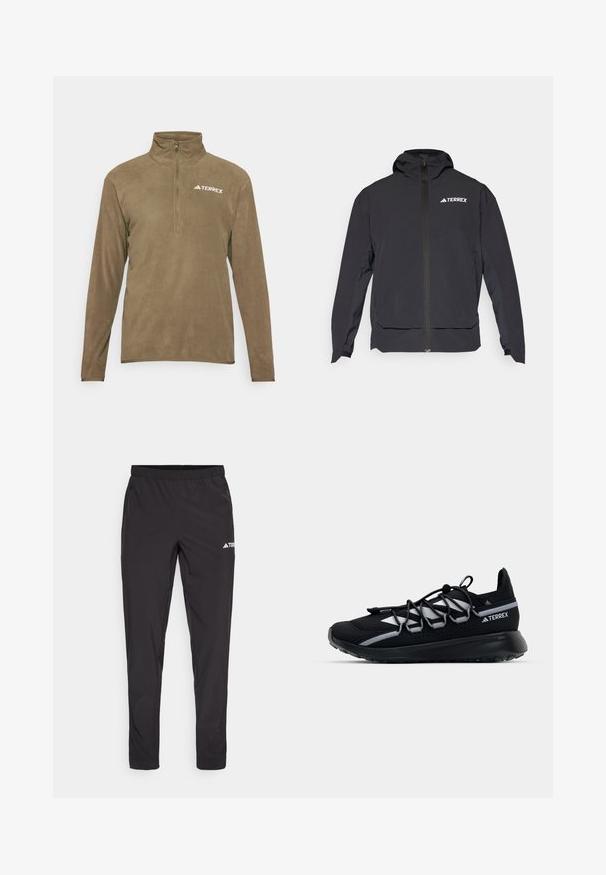 Zwarte Terrex-jas met een ritssluiting aan de voorkant, kap en logo aan de bovenlinkerzijde. Beschikt over een strak ontwerp en een zachte textuur.; Bruine fleece pullover met halve ritssluiting en kraag, voorzien van een wit "TERREX" logo op de bovenste linkerzijde. Zachte textuur en lange mouwen.; Zwarte sportbroek met een elastieke tailleband, twee zijzakken met rits en een logo op de bovenkant van het rechterbeen. Soepele, lichte stof.; Zwarte sportieve schoen met een mesh bovenkant, reflecterende accenten, elastische veters en een getextureerde rubberen zool. Beschikt over een gestroomlijnd ontwerp voor optimale prestaties.