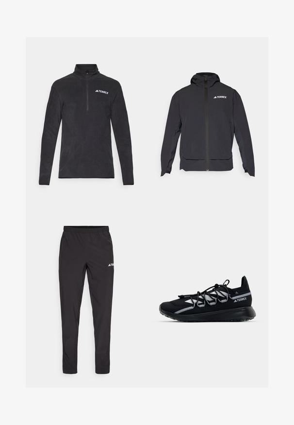 Sort Terrex jakke med lynlås fortil, hætte og logo på øverste venstre side. Har et slankt design og glat tekstur.; Sort fleece pull-over med stående krave, kvart lynlås lukning og TERREX-logo på venstre bryst. Blød tekstur og lange ærmer.; Sorte træningsbukser med elastisk talje, to lynlåslommer på siden og et logo på den øverste højre lår. Glat, letvægtsmateriale.; Sort træningssko med mesh-overdel, reflekterende detaljer, elastiske snørebånd og en struktureret gummisål. Har et slankt design til præstation.