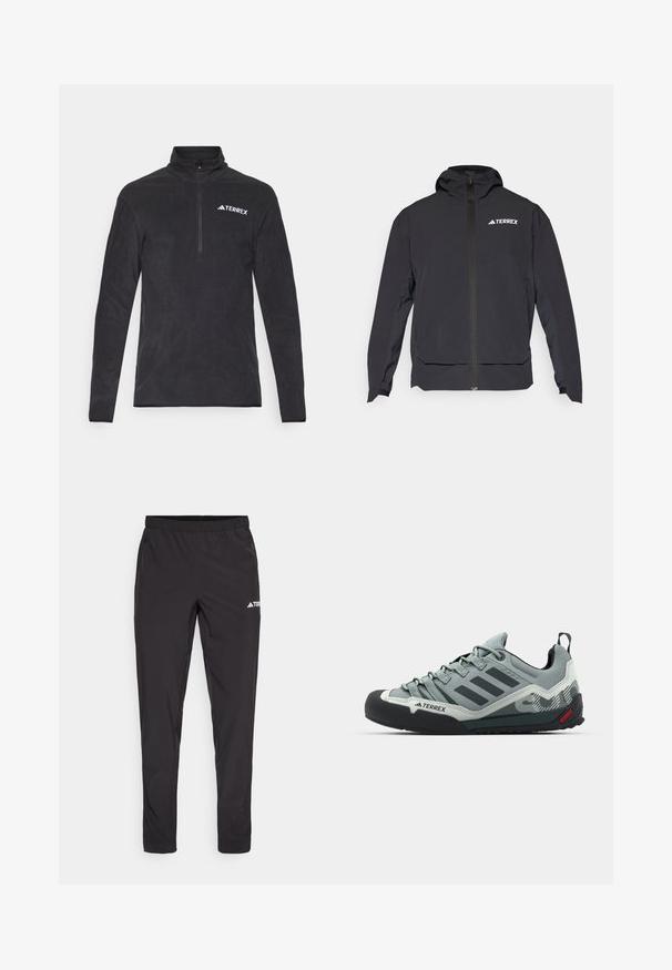 Must mängude värviline Terrex jope, millel on lukuga eesmine osa, kapuuts ja logo vasakul ülal. Omab sujuvat disaini ja pehmet tekstuuri.; Must be fleece'ist alusse peatohe lakk, milles on väike krae, veerandzip-kinni ja TERREX logo vasakul rinnal. Pehme tekstuur ja pikad varrukad.; Mustad mustad dressipüksid elastse vöökoha, kahe külje tõmblukuga tasku ja logoga paremal ülemisel reitel. Sile ja kerge kangas.; Hallid hallid ronimissaapad, millel on tekstureeritud pealispind, must kummist varbakaitse, kolm tumedat triipu ja väike punane aktsent tallal.