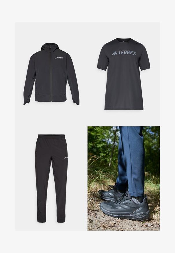 Chaqueta negra Terrex con cremallera frontal, capucha y logotipo en la parte superior izquierda. Presenta un diseño elegante y una textura suave.; Camiseta negra de manga corta hecha de un tejido ligero, con un logotipo en gris claro "TERREX" en el pecho y cuello redondo.; Pantalones deportivos negros con cinturilla elástica, dos bolsillos laterales con cremallera y un logo en la parte superior de la pierna derecha. Tela suave y ligera.; Zapatos de senderismo negros con parte superior texturizada, diseño de tres rayas y suelas rugosas, combinados con pantalones azul marino y calcetines grises en un entorno natural.