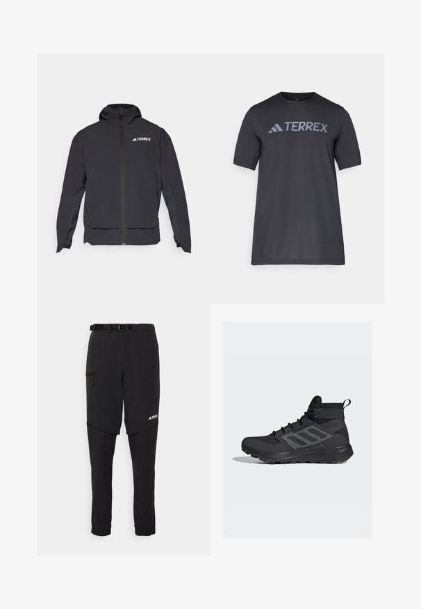 Casaco Terrex preto com fecho na frente, capuz e logótipo no canto superior esquerdo. Apresenta um design elegante e uma textura suave.; Camiseta preta de manga curta feita de tecido leve, com o logótipo cinza-claro "TERREX" atravessando o peito e um decote redondo.; Calças de exterior pretas com cinto, apresentando um bolso lateral com fecho, design de perna afunilada e punhos elásticos nos tornozelos. O logótipo da marca é visível.; adidas Terrex TRAILMAKER MID GORE TEX - Sapatilhas de trail running - core black/solid grey