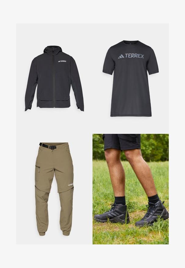 Schwarze Terrex-Jacke mit einem Reißverschluss vorne, Kapuze und Logo auf der oberen linken Seite. Verfügt über ein elegantes Design und eine glatte Textur.; Schwarzes T-Shirt mit kurzen Ärmeln aus leichtem Stoff, mit einem hellgrauen "TERREX"-Logo auf der Brust und einem Rundhalsausschnitt.; Khaki Outdoor-Hosen mit verstellbarem schwarzen Gürtel, Reißverschlusstaschen, schmal zulaufenden Bündchen und abnehmbaren unteren Beinen für vielseitige Stylingmöglichkeiten.; Schwarze, hochgeschnittene Sportchuhe mit strukturierten Oberflächen, einem Drei-Streifen-Design und schwarzen Schnürsenkeln, kombiniert mit schwarzen Knöchelsocken und Shorts.
