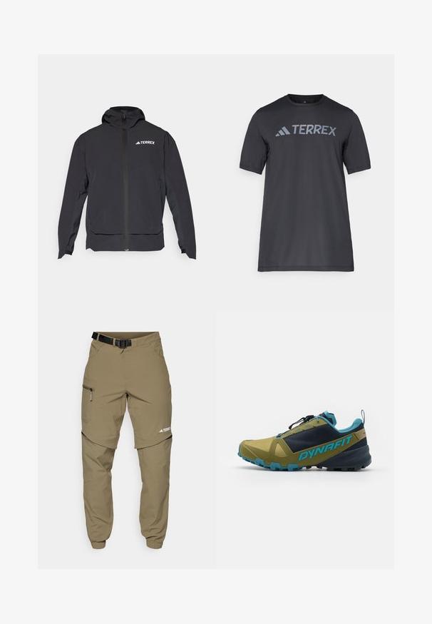 Črna jakna Terrex z zadrgo na sprednji strani, kapuco in logotipom na zgornji levi strani. Ponaša se z elegantnim dizajnom in gladko teksturo.; Črna majica s kratkimi rokavi iz lahkega materiala, ki ima odtisnjen svetlo sivi logotip "TERREX" čez prsi in okrogel izrez.; Khaki zunanji hlače z nastavljivim črnim pasom, žepi z zadrgo, ožji konci in snemljivi spodnji deli za vsestranski slog.; Tekstilna športna čevlja za tek po poteh v olivno zeleni in mornarsko modri barvi, z strukturiranim zgornjim delom, modrimi poudarki, varnim sistemom za vezanje in trdim podplatom za dober oprijem.