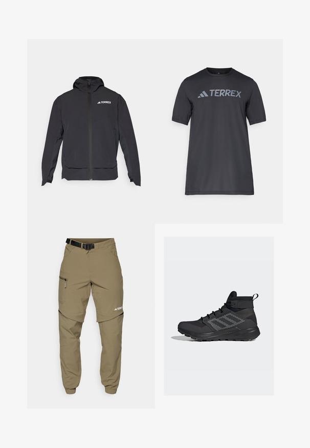 Schwarze Terrex-Jacke mit einem Reißverschluss vorne, Kapuze und Logo auf der oberen linken Seite. Verfügt über ein elegantes Design und eine glatte Textur.; Schwarzes T-Shirt mit kurzen Ärmeln aus leichtem Stoff, mit einem hellgrauen "TERREX"-Logo auf der Brust und einem Rundhalsausschnitt.; Khaki Outdoor-Hosen mit verstellbarem schwarzen Gürtel, Reißverschlusstaschen, schmal zulaufenden Bündchen und abnehmbaren unteren Beinen für vielseitige Stylingmöglichkeiten.; adidas Terrex TRAILMAKER MID GORE TEX - Laufschuh Trail - core black/solid grey