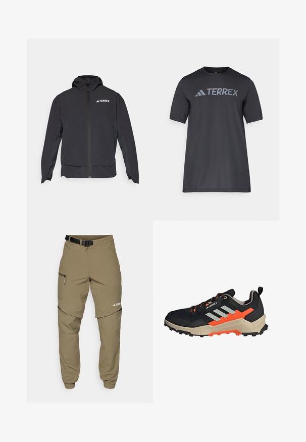 Μαύρο μπουφάν Terrex με φερμουάρ μπροστά, κουκούλα και λογότυπο στο επάνω αριστερό μέρος. Διαθέτει κομψό σχέδιο και λεία υφή.; Μαύρο κοντό μανίκι μπλουζάκι φτιαγμένο από ελαφρύ ύφασμα, με το λογότυπο "TERREX" σε ανοιχτό γκρι χρώμα να απλώνεται στο στήθος και στρογγυλή λαιμόκοψη.; Χακί εξωτερικές παντελόνες με ρυθμιζόμενη μαύρη ζώνη, τσεπάκια με φερμουάρ, στενές μανσέτες και αφαιρούμενα κάτω μέρη για ευέλικτο στυλ.; adidas Terrex AX4 HIKING - Παπούτσια πεζοπορίας - core black silver impact orange