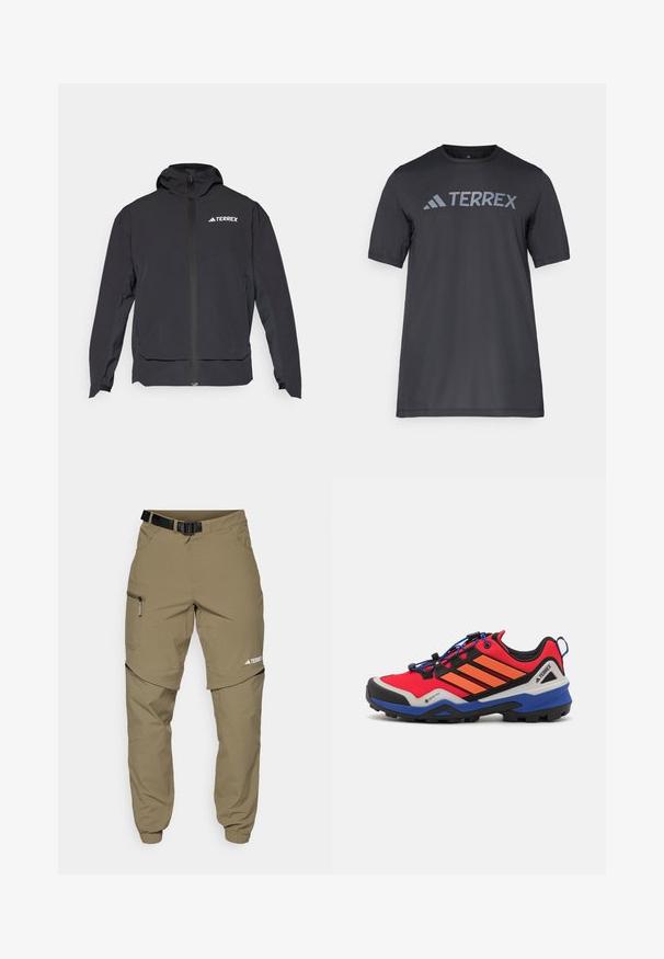 Crna Terrex jakna s patentnim zatvaračem sprijeda, kapuljačom i logotipom na gornjoj lijevoj strani. Ima elegantan dizajn i glatku teksturu.; Crna majica kratkih rukava od lagane tkanine, koja ima svijetlosivu oznaku "TERREX" preko prsa i okrugli izrez.; Kaki vanjske hlače s podesivim crnim remenom, džepovima sa zipom, suženim manžetama i odvojivim donjim dijelovima za svestrano stiliziranje.; Crvene i crne vanjske cipele s narančastim detaljima, teksturiranim gornjim dijelom, sustavom vezivanja i robusnom plavom potplatom dizajniranim za prianjanje.