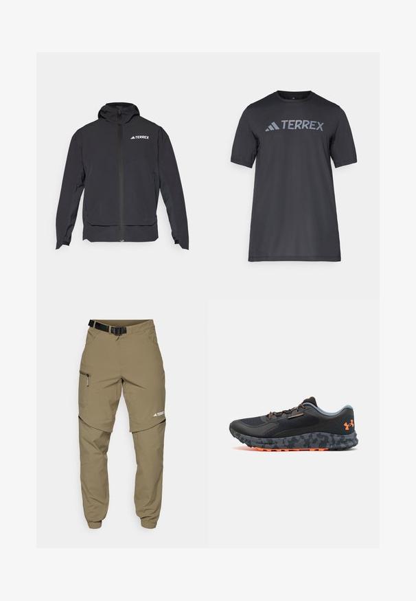 Svart Terrex-jacka med dragkedja fram, huva och logotyp på övre vänstra sidan. Har en strömlinjeformad design och en slät textur.; Svart kortärmad t-shirt gjord av lätt tyg, med en ljusgrå "TERREX"-logotyp över bröstet och rund halsringning.; Kaki utomhusbyxor med justerbart svart bälte, fickor med dragkedja, avsmalnande ärmslut och avtagbara nedre ben för mångsidig stil.; Svart sportskor med texturerad ovandel, grå detaljer, orange accentfärger, sula med kamouflage-mönster och snörningssystem för en säker passform.