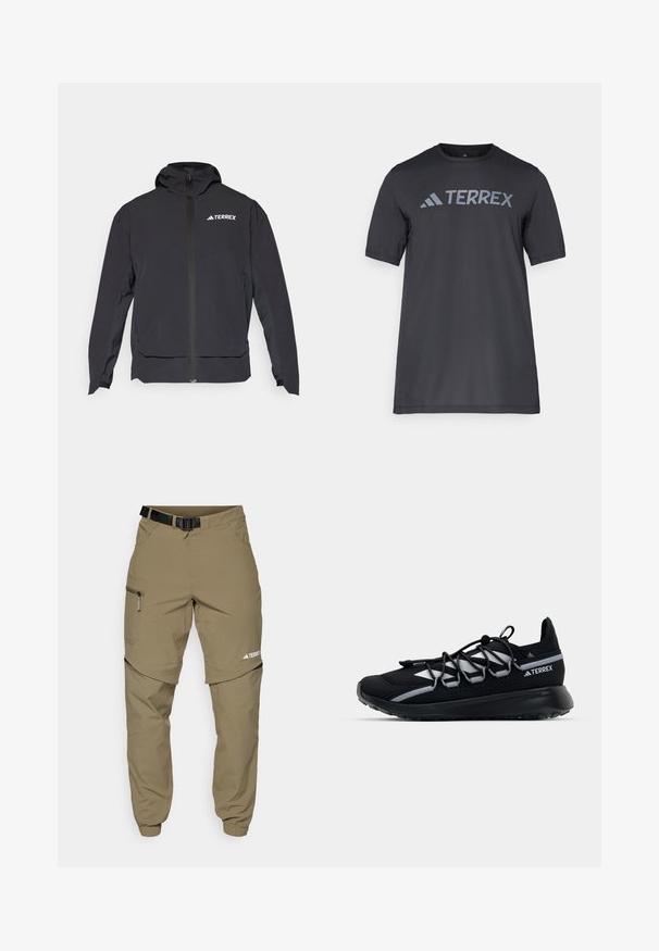 Schwarze Terrex-Jacke mit einem Reißverschluss vorne, Kapuze und Logo auf der oberen linken Seite. Verfügt über ein elegantes Design und eine glatte Textur.; Schwarzes T-Shirt mit kurzen Ärmeln aus leichtem Stoff, mit einem hellgrauen "TERREX"-Logo auf der Brust und einem Rundhalsausschnitt.; Khaki Outdoor-Hosen mit verstellbarem schwarzen Gürtel, Reißverschlusstaschen, schmal zulaufenden Bündchen und abnehmbaren unteren Beinen für vielseitige Stylingmöglichkeiten.; Schwarzer Sportschuh mit einem Obermaterial aus Mesh, reflektierenden Akzenten, elastischen Schnürsenkeln und einer strukturierten Gummisohle. Verfügt über ein schlankes Design für optimale Leistung.