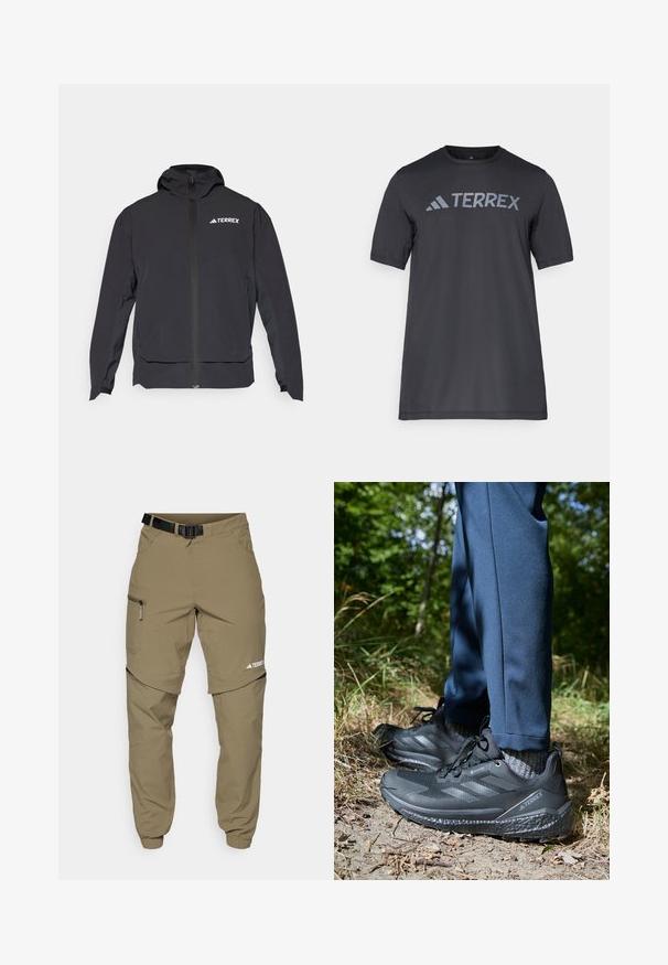 Black Terrex jacket with a zip front, hood, and logo on the upper left. Features a sleek design and smooth texture.; Black short-sleeve t-shirt made of lightweight fabric, featuring a light gray “TERREX” logo across the chest and a crew neckline.; Khaki outdoor pants with a adjustable black belt, zippered pockets, tapered cuffs, and detachable lower legs for versatile styling.; Black hiking shoes with textured upper, three stripes design, and rugged soles, paired with navy pants and grey socks in a natural setting.