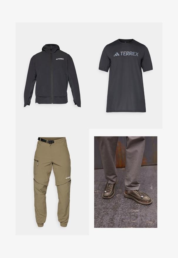 Schwarze Terrex-Jacke mit einem Reißverschluss vorne, Kapuze und Logo auf der oberen linken Seite. Verfügt über ein elegantes Design und eine glatte Textur.; Schwarzes T-Shirt mit kurzen Ärmeln aus leichtem Stoff, mit einem hellgrauen "TERREX"-Logo auf der Brust und einem Rundhalsausschnitt.; Khaki Outdoor-Hosen mit verstellbarem schwarzen Gürtel, Reißverschlusstaschen, schmal zulaufenden Bündchen und abnehmbaren unteren Beinen für vielseitige Stylingmöglichkeiten.; Beige gewebte Sandalen mit dicken Sohlen, die ein kompliziertes Spitzenmuster und weiße Akzentdetails aufweisen, kombiniert mit grauen karierten Hosen.