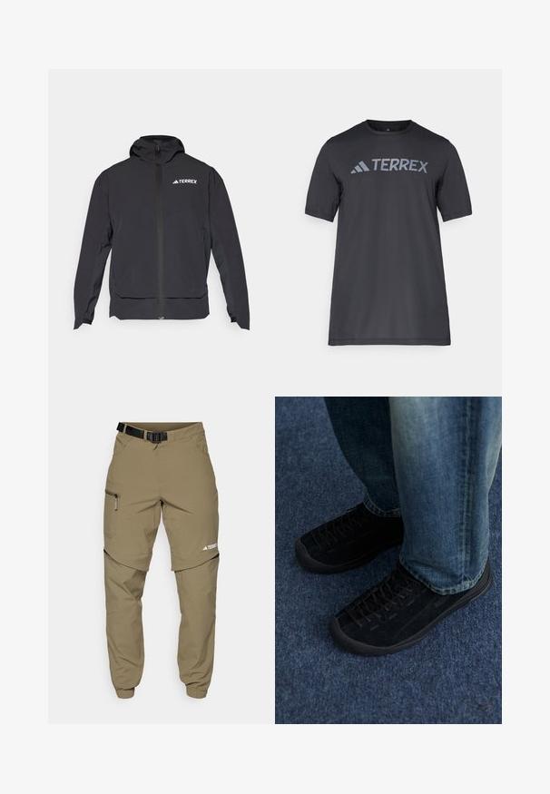 Czarna kurtka Terrex z zamkiem z przodu, kapturem i logo na górze z lewej strony. Posiada elegancki design i gładką teksturę.; Czarny t-shirt z krótkim rękawem wykonany z lekkiego materiału, z jasnoszarym logo "TERREX" na piersi oraz okrągłym dekoltem.; Khaki spodnie outdoorowe z regulowanym czarnym paskiem, zamykanymi kieszeniami, zwężanymi nogawkami oraz odpinanymi dolnymi nogawkami, co umożliwia różnorodne stylizacje.; Czarne zamszowe sneakersy o teksturowanej powierzchni, z subtelnym sznurowaniem i trwałymi gumowymi podeszwami, zestawione z niebieskimi dżinsami.