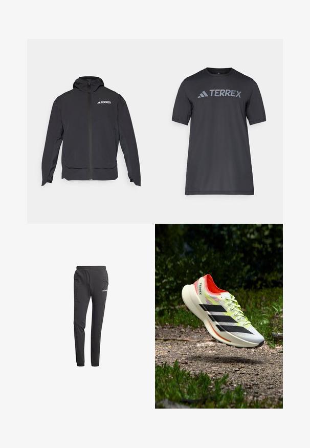 Black Terrex jacket with a zip front, hood, and logo on the upper left. Features a sleek design and smooth texture.; Black short-sleeve t-shirt made of lightweight fabric, featuring a light gray “TERREX” logo across the chest and a crew neckline.; Black athletic pants made of lightweight fabric, featuring an elastic waistband, side pockets, tapered legs, and a logo detail.; Lightweight running shoe in white with black stripes, red accents, and yellow laces; features a textured upper and cushioned sole.