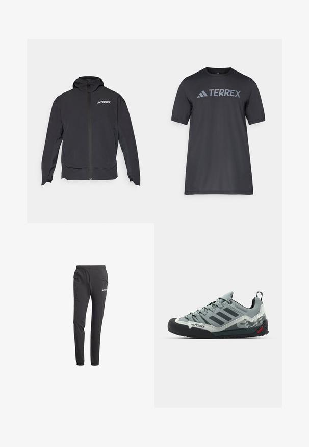 Veste Terrex noire avec fermeture éclair à l'avant, capuche et logo en haut à gauche. Elle présente un design élégant et une texture lisse.; T-shirt noir à manches courtes en tissu léger, arborant un logo « TERREX » gris clair sur la poitrine et un col rond.; Pantalons de sport noirs en tissu léger, avec une taille élastique, des poches latérales, des jambes fuselées et un détail de logo.; Chaussures d'escalade grises avec un dessus texturé, un capuchon en caoutchouc noir pour les orteils, trois rayures foncées et une petite touche rouge sur la semelle.