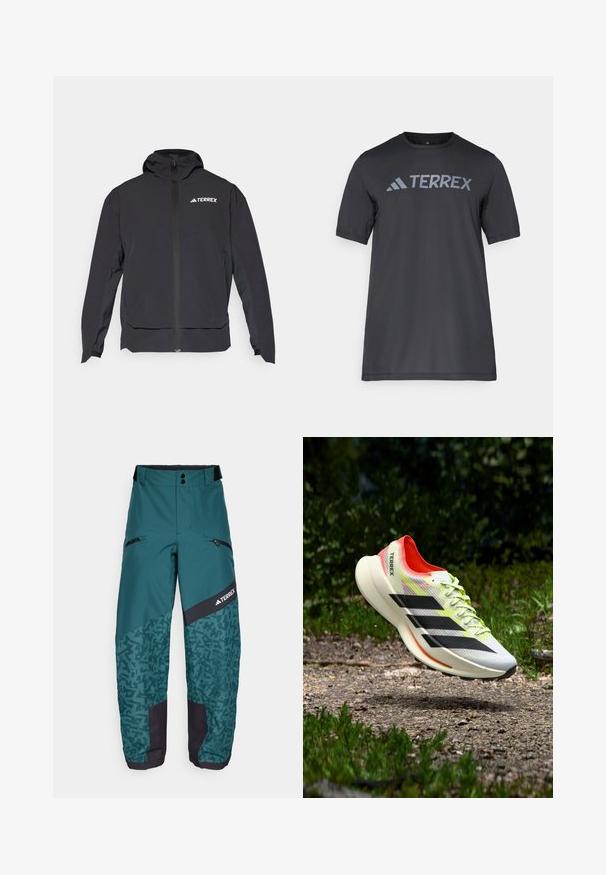 Chaqueta negra Terrex con cremallera frontal, capucha y logotipo en la parte superior izquierda. Presenta un diseño elegante y una textura suave.; Camiseta negra de manga corta hecha de un tejido ligero, con un logotipo en gris claro "TERREX" en el pecho y cuello redondo.; adidas Terrex PANTS - Pantalones de esquí - aurora ivy/preloved teal; Zapatilla de running ligera en blanco con rayas negras, detalles en rojo y cordones amarillos; cuenta con una parte superior texturizada y suela acolchada.