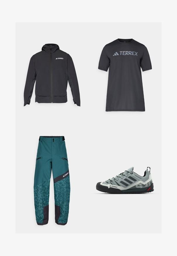 Fekete Terrex dzseki cipzárral elöl, kapucnival és logóval a bal felső részen. Sleek dizájnjával és sima textúrájával emelkedik ki.; Fekete, rövid ujjú póló, könnyű anyagból készült, világosszürke „TERREX” logóval a mellrészen és kerek nyakkivágással.; adidas Terrex PANTS - Sínadrág - aurora ivy/preloved teal; Szürke mászócipők, érdes felsőrésszel, fekete gumi orral, három sötét csíkkal és egy kis piros akcentussal a talpon.