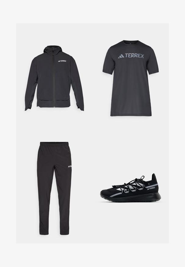 Veste Terrex noire avec fermeture éclair à l'avant, capuche et logo en haut à gauche. Elle présente un design élégant et une texture lisse.; T-shirt noir à manches courtes en tissu léger, arborant un logo « TERREX » gris clair sur la poitrine et un col rond.; Pantalons de sport noirs avec taille élastique, deux poches zippées sur les côtés et un logo sur la cuisse droite. Tissu lisse et léger.; Chaussure de sport noire avec une tige en mesh, des accents réfléchissants, des lacets élastiques et une semelle en caoutchouc texturée. Présente un design épuré pour la performance.