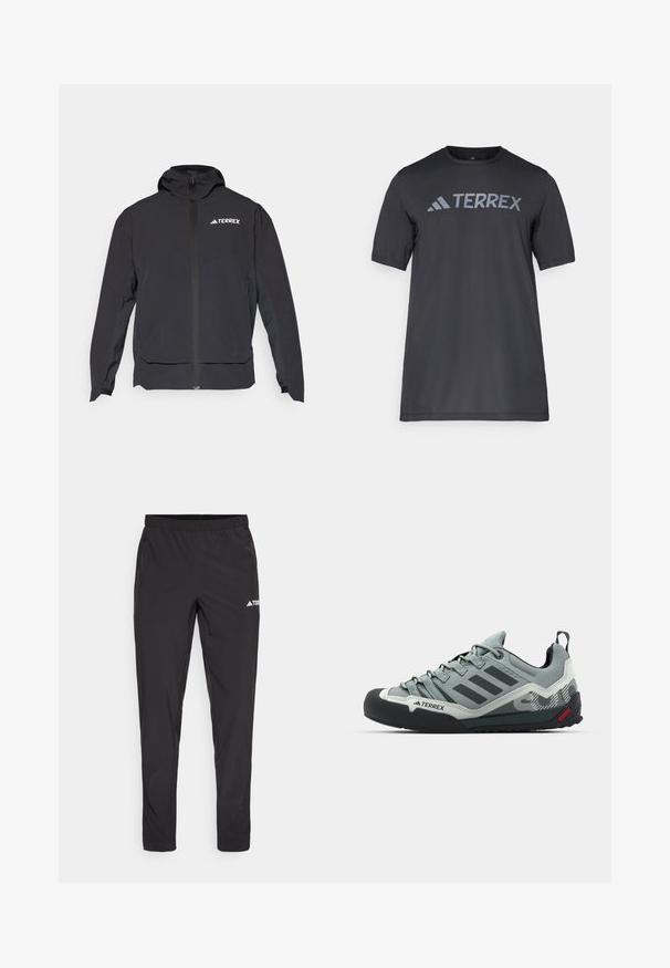 Schwarze Terrex-Jacke mit einem Reißverschluss vorne, Kapuze und Logo auf der oberen linken Seite. Verfügt über ein elegantes Design und eine glatte Textur.; Schwarzes T-Shirt mit kurzen Ärmeln aus leichtem Stoff, mit einem hellgrauen "TERREX"-Logo auf der Brust und einem Rundhalsausschnitt.; Schwarze Sporthose mit einem elastischen Bund, zwei seitlichen Reißverschlusstaschen und einem Logo am oberen rechten Bein. Glattes, leichtes Material.; Graue Kletterschuhe mit einer strukturierten Oberseite, schwarzer Gummi-Zehenkappe, drei dunklen Streifen und einem kleinen roten Akzent an der Sohle.