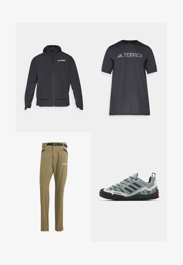 Črna jakna Terrex z zadrgo na sprednji strani, kapuco in logotipom na zgornji levi strani. Ponaša se z elegantnim dizajnom in gladko teksturo.; Črna majica s kratkimi rokavi iz lahkega materiala, ki ima odtisnjen svetlo sivi logotip "TERREX" čez prsi in okrogel izrez.; adidas Terrex XPERIOR - Hlače za na prostem - olive strata; Sive plezalne copate z teksturiranim zgornjim delom, črnimi gumi prikritki na prstih, tremi temnimi črtami in majhnim rdečim poudarkom na podplatu.