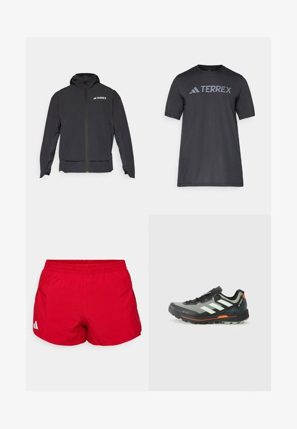 Must mängude värviline Terrex jope, millel on lukuga eesmine osa, kapuuts ja logo vasakul ülal. Omab sujuvat disaini ja pehmet tekstuuri.; Must musta t-särk, mis on valmistatud kergetest kangast, millel on kergehall "TERREX" logo rinnaeest ja ümar kaelus.; Punased spordilühikesed, mis on valmistatud kergest kangast ja millel on elastne vöökoht. Omab küljetaskuid ja valget logo aktsenti servas.; Kerge jalgsimatka jooksujalats halli ja mustavõrguga ülemise osaga, oranžide aktsentidega ning robustse väljastuse haardeks. Veekindel Gore-Tex vooder.