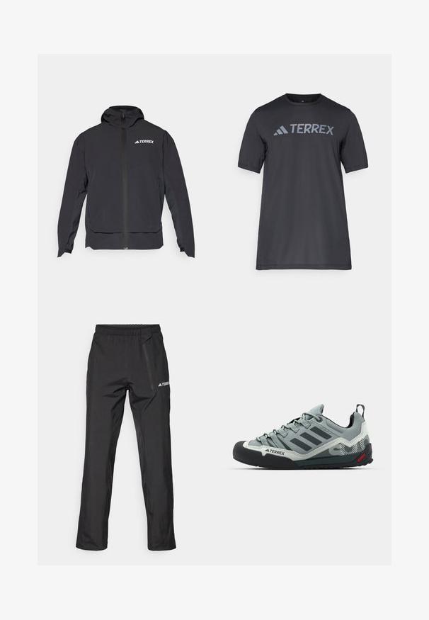 Musta Terrex-takki, jossa on vetoketju edessä, huppu ja logo vasemmassa yläkulmassa. Korostaa tyylikästä muotoilua ja sileää pintaa.; Musta lyhythihainen t-paita kevyestä kankaasta, jossa on vaaleanharmaa "TERREX" -logo rinnassa ja pyöreä kaula-aukko.; Mustat kevyet ulkohousut, joissa on joustava vyötärönauha, vetoketjutaskut ja painettu logo. Sileä pinta ja suora lahkeen leikkaus.; Harmaan kiipeilykengät, joissa on teksturoitu päällinen, musta kuminen varvasosa, kolme tummaa raitaa ja pieni punainen yksityiskohta pohjassa.