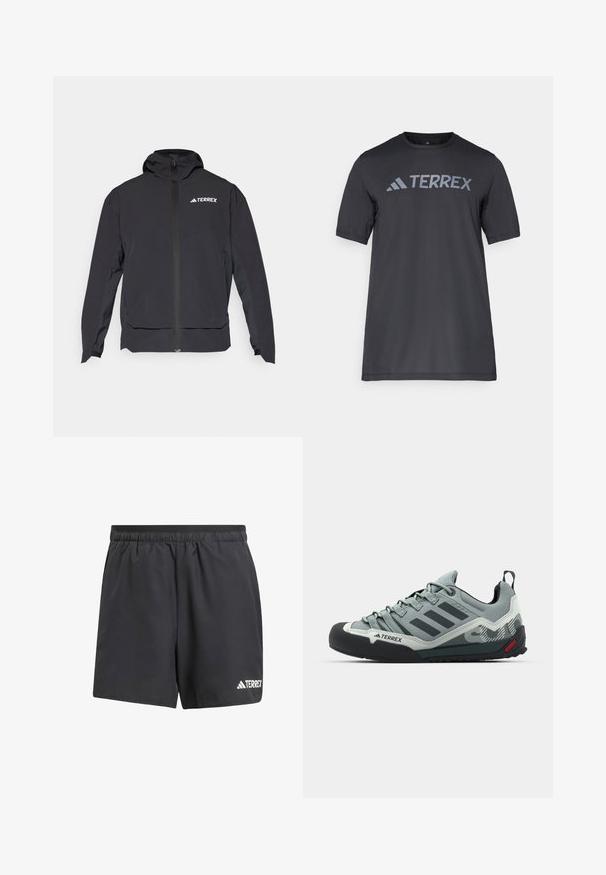 Μαύρο μπουφάν Terrex με φερμουάρ μπροστά, κουκούλα και λογότυπο στο επάνω αριστερό μέρος. Διαθέτει κομψό σχέδιο και λεία υφή.; Μαύρο κοντό μανίκι μπλουζάκι φτιαγμένο από ελαφρύ ύφασμα, με το λογότυπο "TERREX" σε ανοιχτό γκρι χρώμα να απλώνεται στο στήθος και στρογγυλή λαιμόκοψη.; Μαύρες αθλητικές βερμούδες από ελαφρύ υλικό. Διαθέτουν ελαστική μέση και λευκό λογότυπο "TERREX" στην κάτω αριστερή πλευρά.; Γκρι παπούτσια αναρρίχησης με υφή, μαύρη καμπάνα από καουτσούκ, τρεις σκοτεινές ρίγες και μια μικρή κόκκινη λεπτομέρεια στη σόλα.