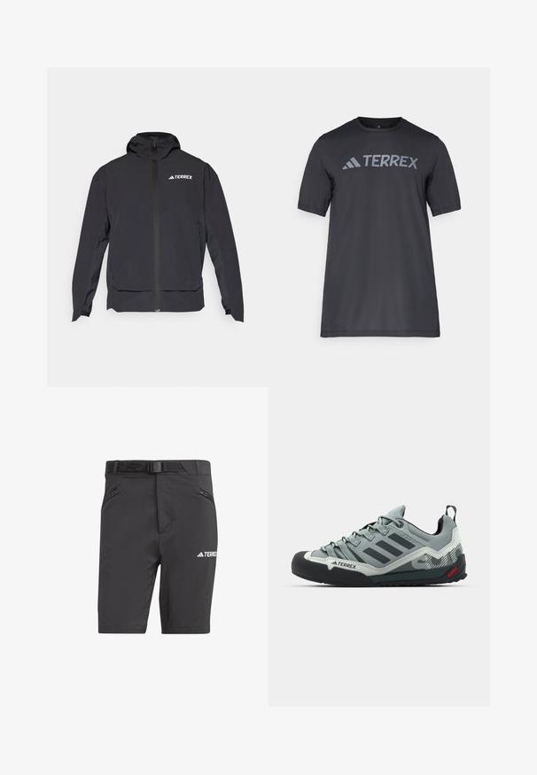 Crna Terrex jakna s patentnim zatvaračem sprijeda, kapuljačom i logotipom na gornjoj lijevoj strani. Ima elegantan dizajn i glatku teksturu.; Crna majica kratkih rukava od lagane tkanine, koja ima svijetlosivu oznaku "TERREX" preko prsa i okrugli izrez.; Crne kratke hlače za vanjsku upotrebu s modernim dizajnom, koje imaju remen, dva bočna džepa sa zatvaračem i otisnuti logo na donjem prednjem dijelu.; Sive čizme za penjanje s teksturiranim gornjim dijelom, crnim gumenim vrhom, tri tamne pruge i malim crvenim detaljem na potplatu.
