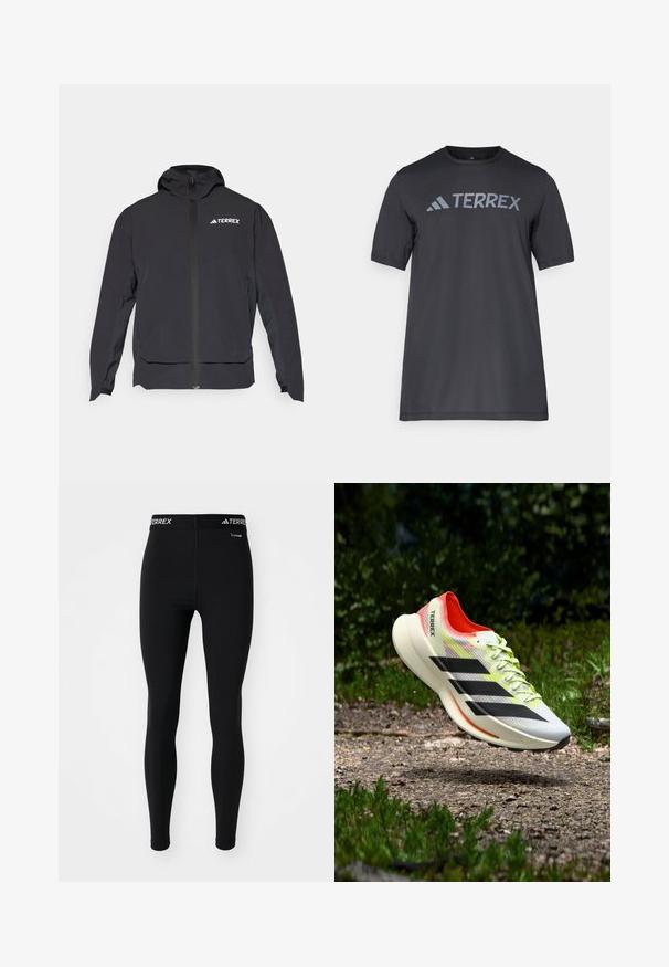 Chaqueta negra Terrex con cremallera frontal, capucha y logotipo en la parte superior izquierda. Presenta un diseño elegante y una textura suave.; Camiseta negra de manga corta hecha de un tejido ligero, con un logotipo en gris claro "TERREX" en el pecho y cuello redondo.; Leggings deportivos negros con un diseño ajustado y una cinturilla elástica que presenta la marca "TERREX". Fabricados con un material suave y elástico.; Zapatilla de running ligera en blanco con rayas negras, detalles en rojo y cordones amarillos; cuenta con una parte superior texturizada y suela acolchada.